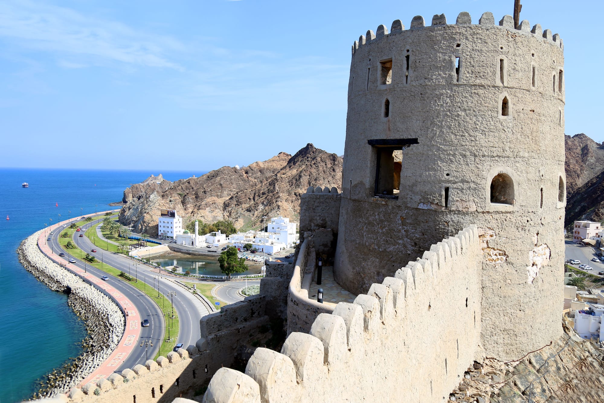 A Portuguese-era stone fort on a rocky headland above the harbour of Mutrah in Muscat