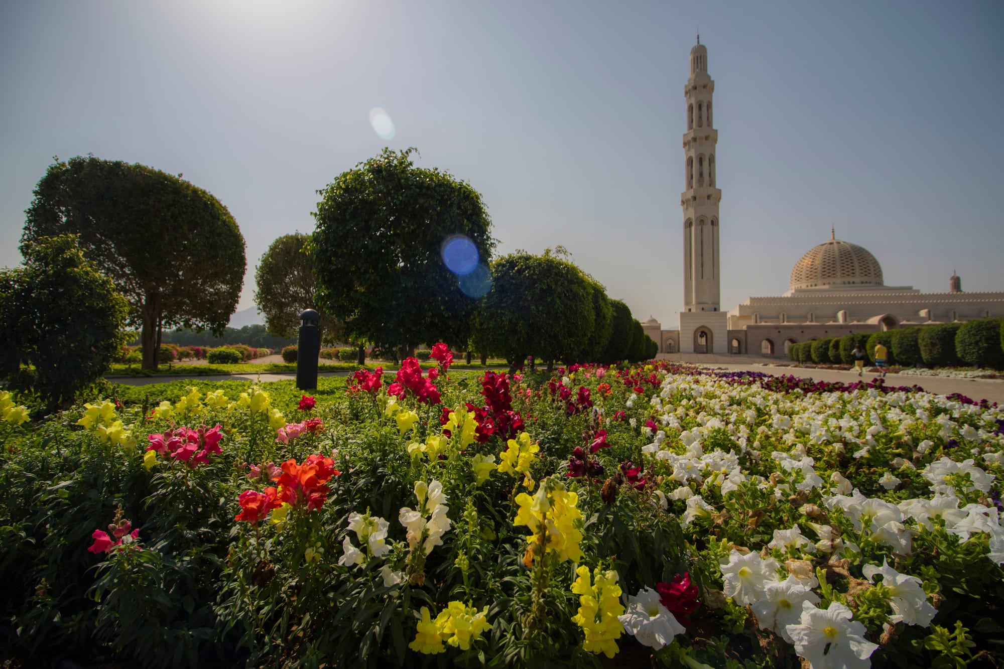 The domed, minaret-flanked Sultan Qaboos Grand Mosque in Muscat under a clear sky