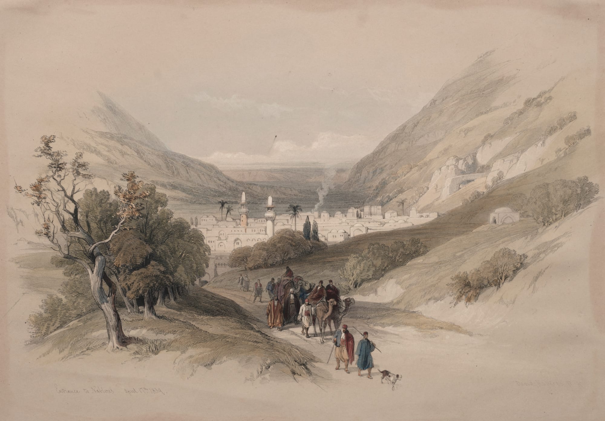 A tinted 1839 lithograph of travellers with camels on a track leading to the white town of Nablus, with two minarets, set in a valley between two steep hills