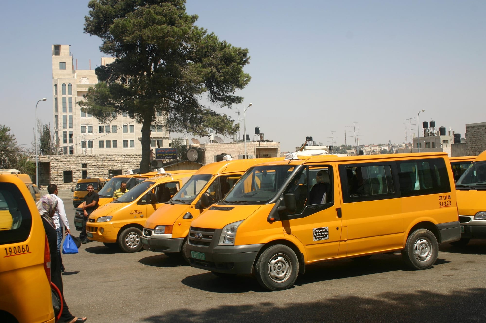 A row of yellow shared taxis, or servees, parked in Ramallah with a driver and a passenger nearby
