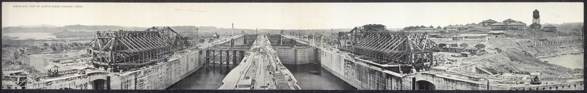 A panoramic photograph of the massive concrete Gatun Locks under construction in 1913