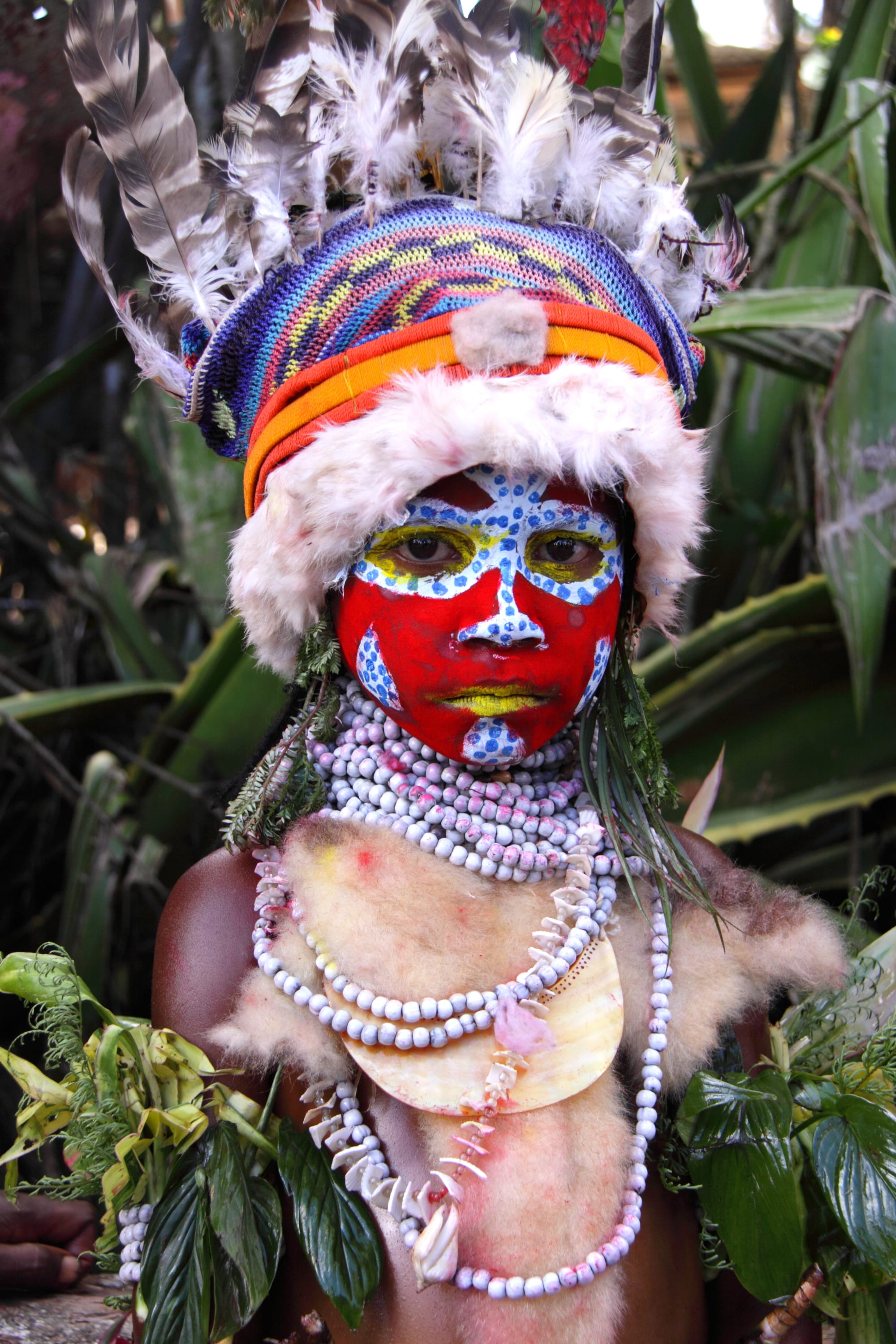 A group of people in elaborate feathered headdresses and painted faces at a cultural festival