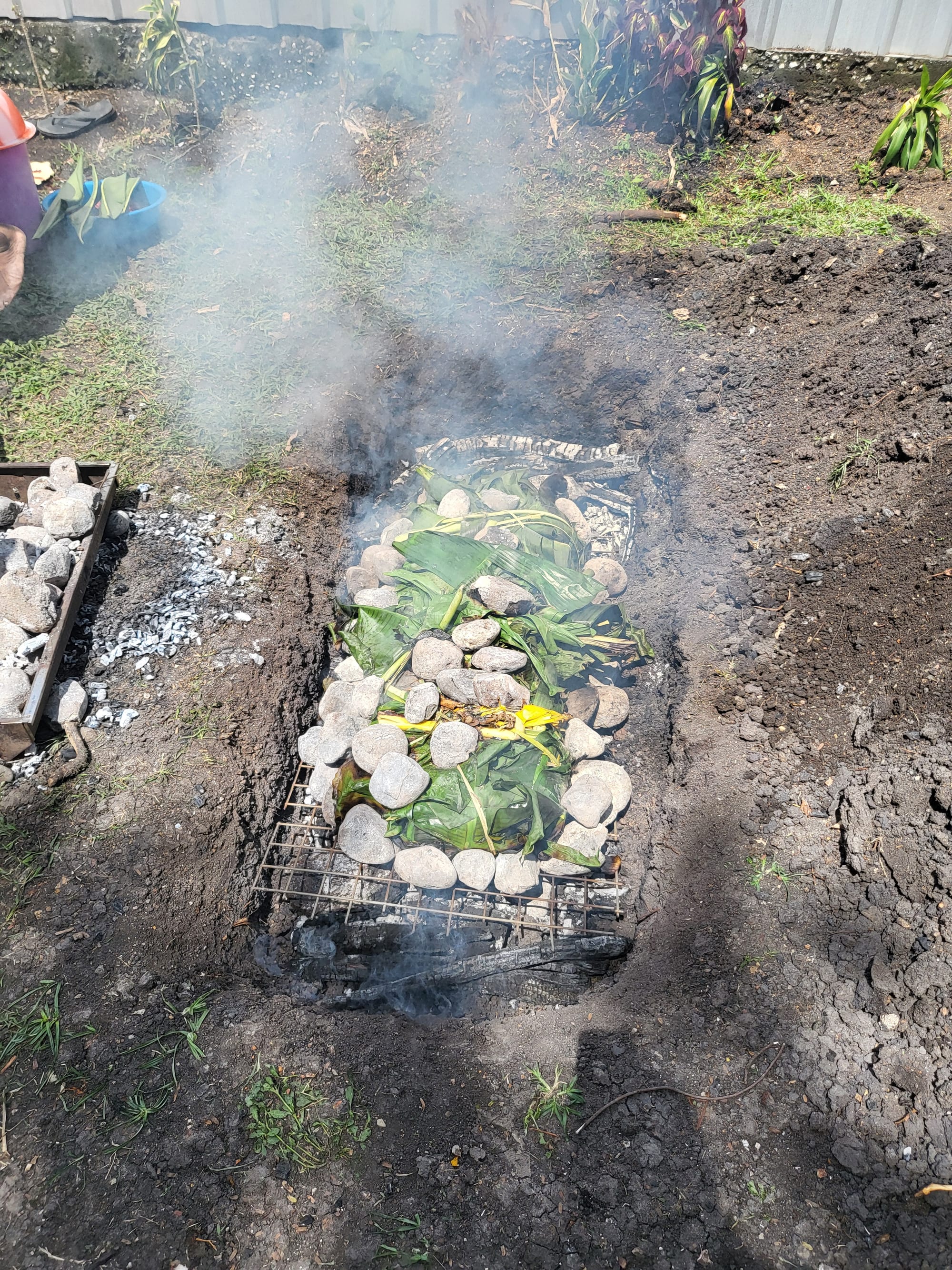 Food wrapped in leaves being prepared over heated stones in an earth oven