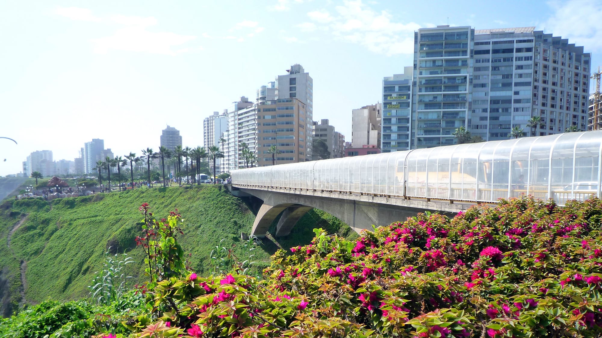 A coastal city skyline of high-rise buildings above ocean cliffs