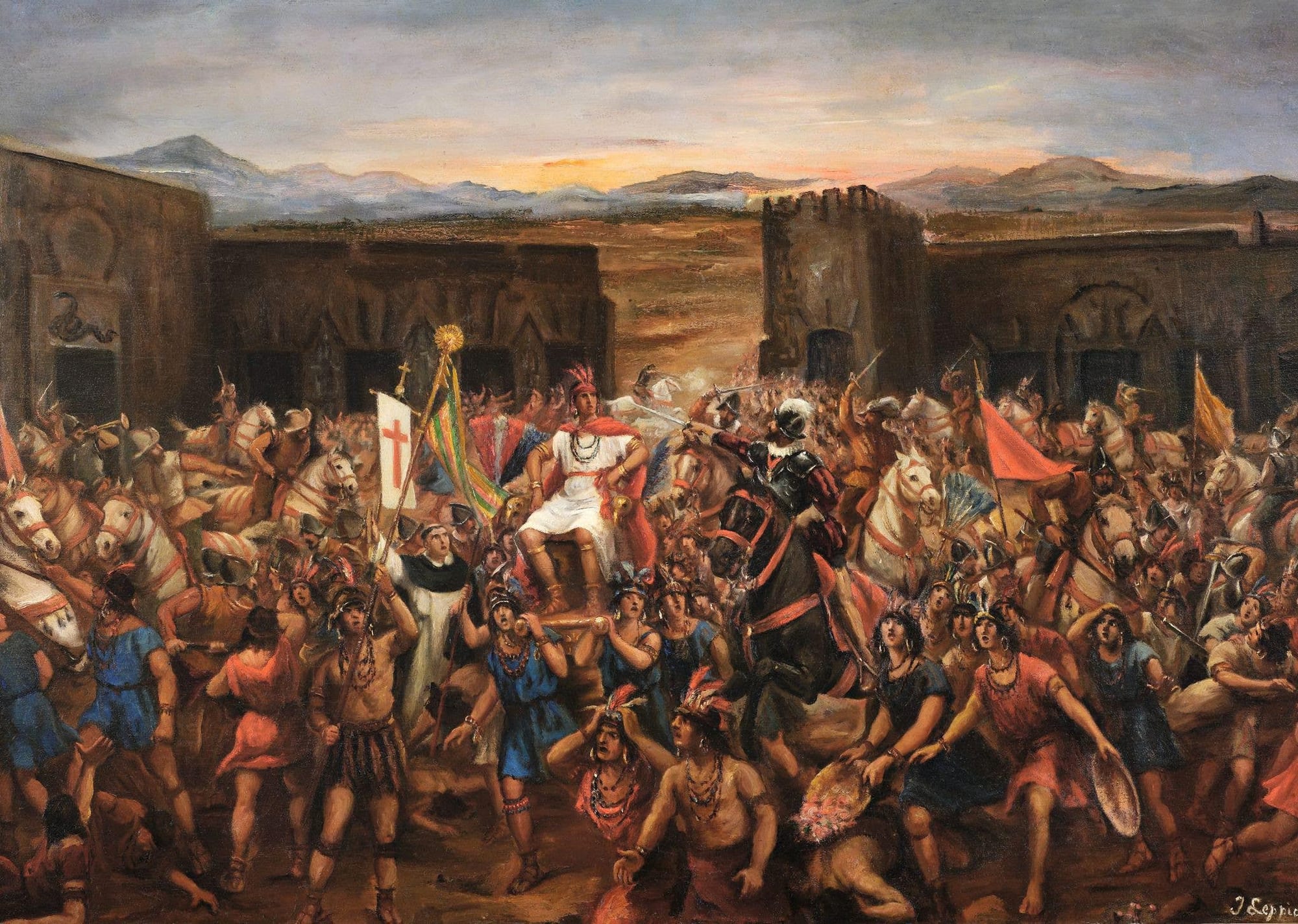 A dramatic painting of Spanish soldiers seizing the Inca emperor Atahualpa amid a chaotic crowd at Cajamarca