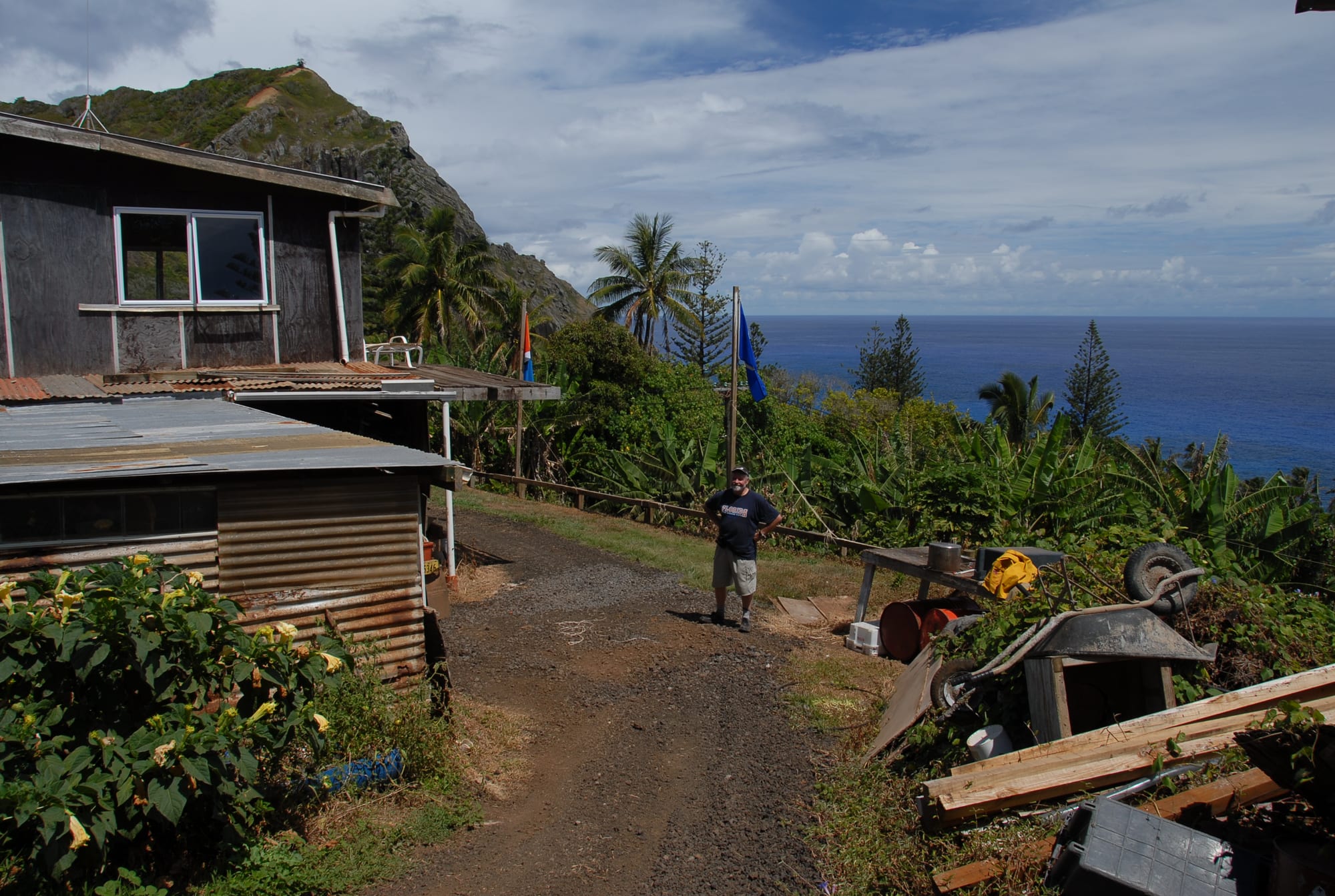 A corrugated-iron house on a hillside above the sea, with a man standing in the yard among garden plants and tools