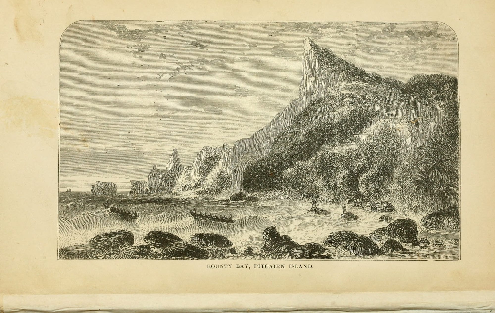 A 19th-century engraving of a small rocky landing cove backed by steep cliffs, labelled Bounty Bay