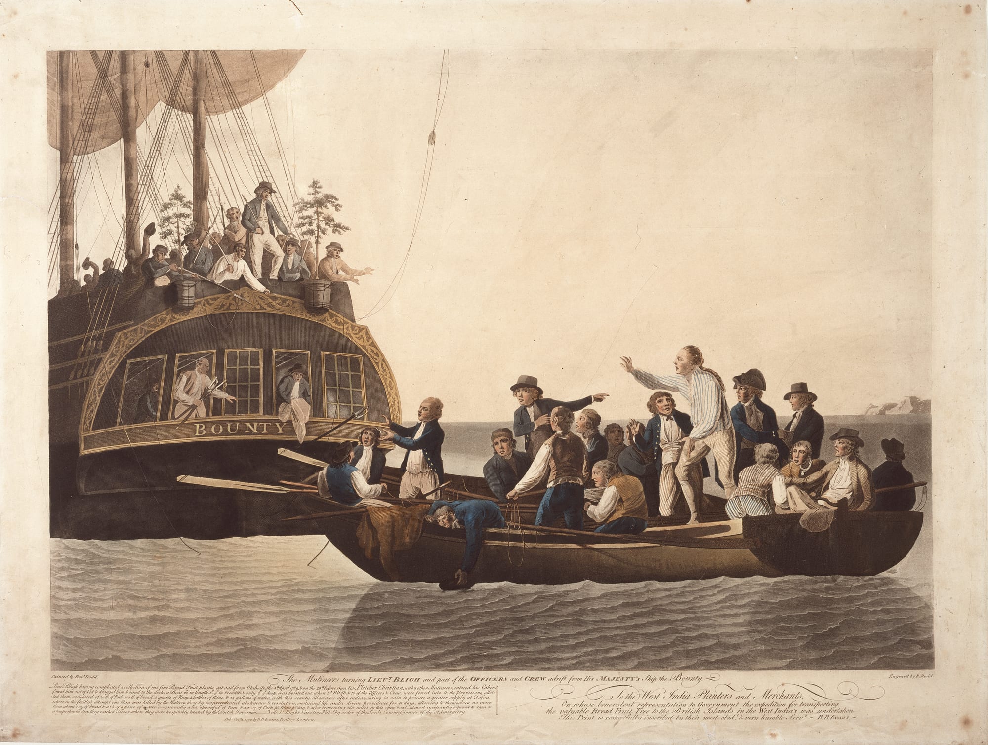 A hand-coloured 1790 print of a crowded open boat beside the stern of a sailing ship lettered Bounty, with men on the ship's deck looking down at those in the boat