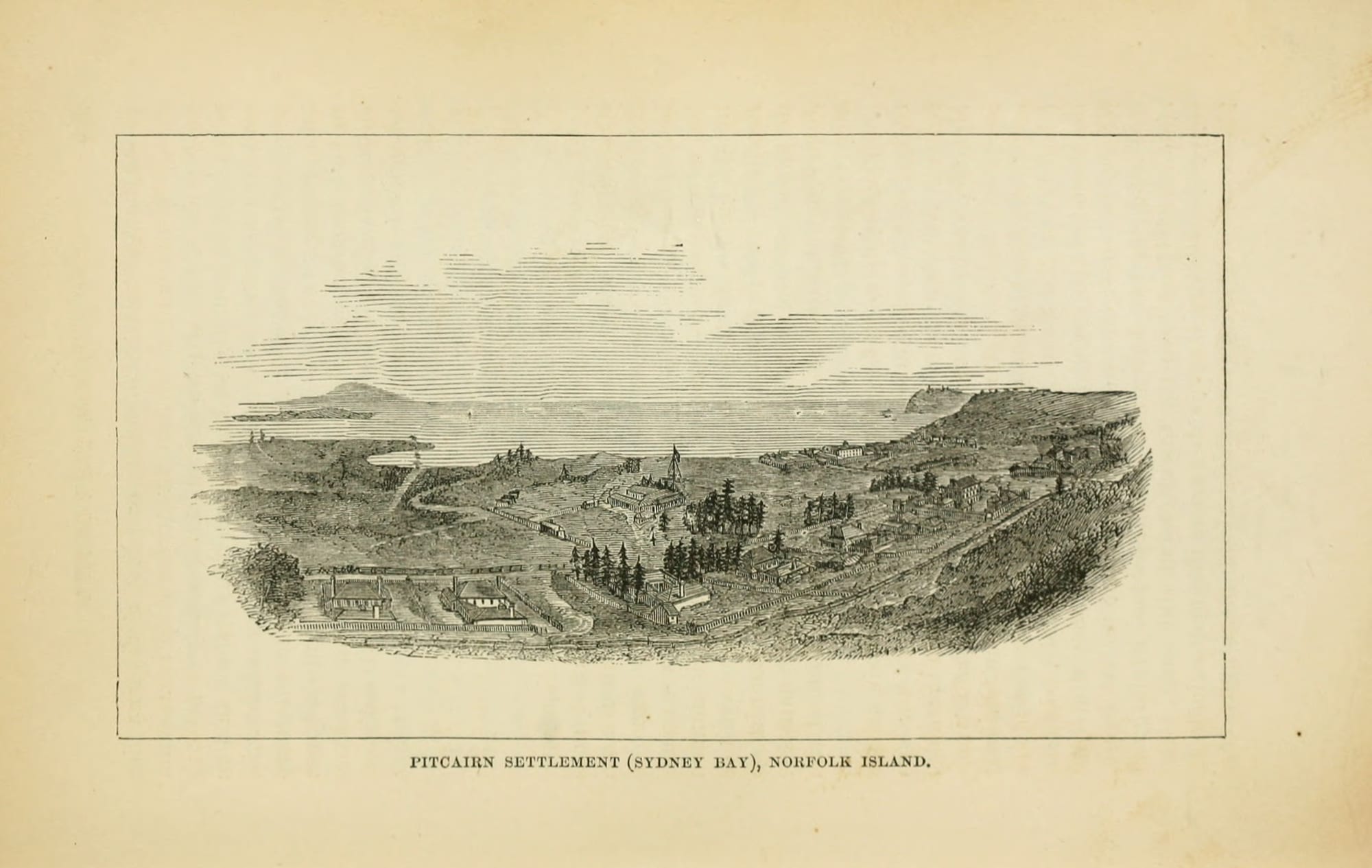 A 19th-century engraving of a village of cottages and gardens on a green island slope