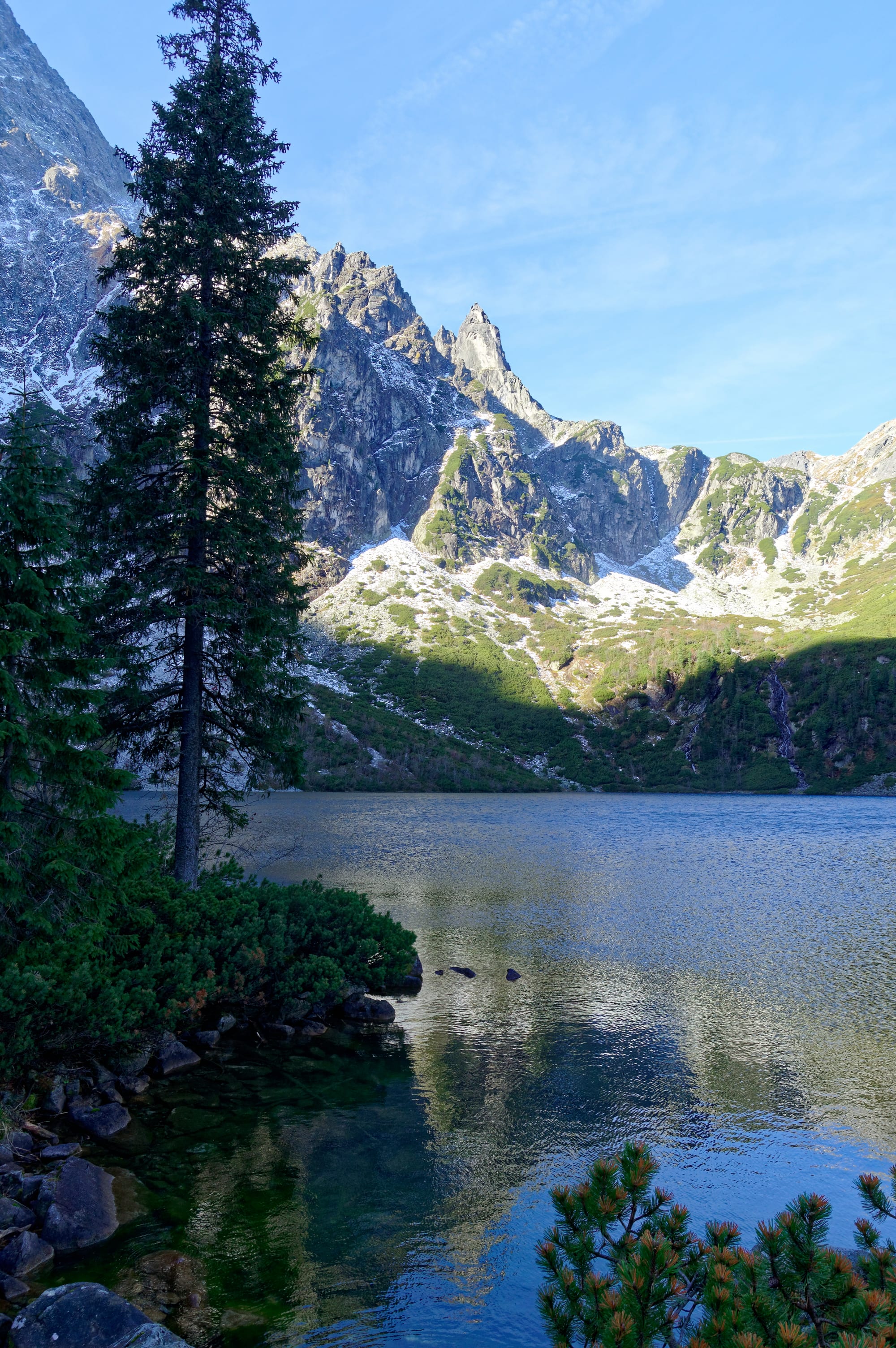 A clear glacial lake reflecting jagged granite peaks