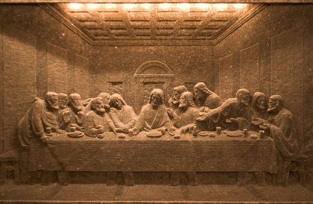 An ornate underground chamber carved entirely from rock salt