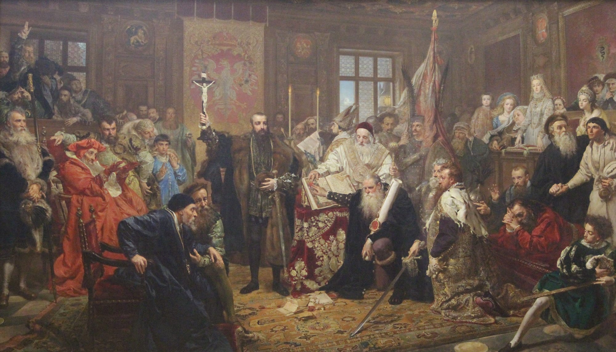 A large history painting of a crowded hall where a man holds up a crucifix beside a table with an open book, while robed and armoured nobles kneel and look on