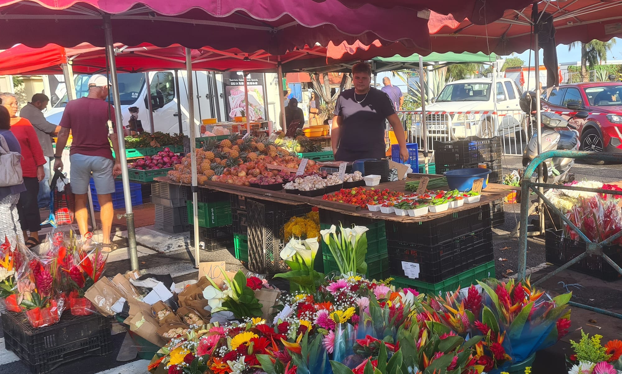 A market stall piled with tropical flowers, pineapples and vegetables under red awnings, with a vendor standing behind it