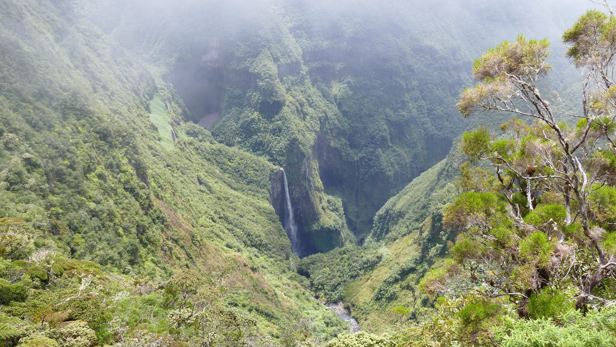 A tall waterfall plunging into a deep, mist-shrouded green gorge