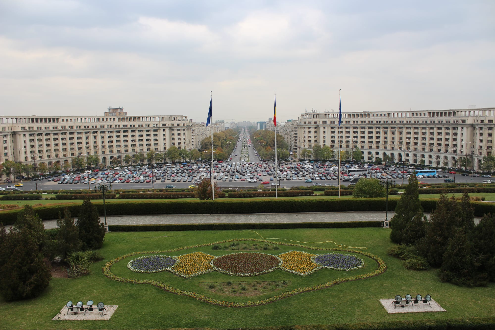 The vast tiered white bulk of the Palace of the Parliament in Bucharest, one of the largest buildings in the world