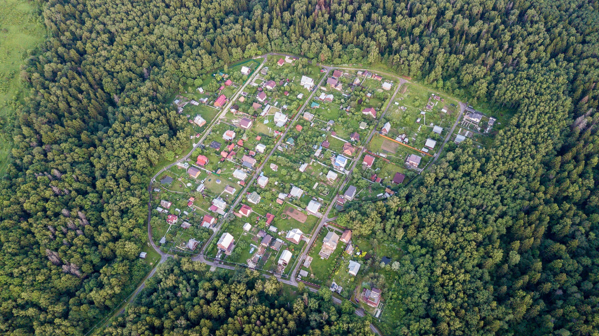 An aerial view of a small dacha settlement of cottages and garden plots carved out of dense forest