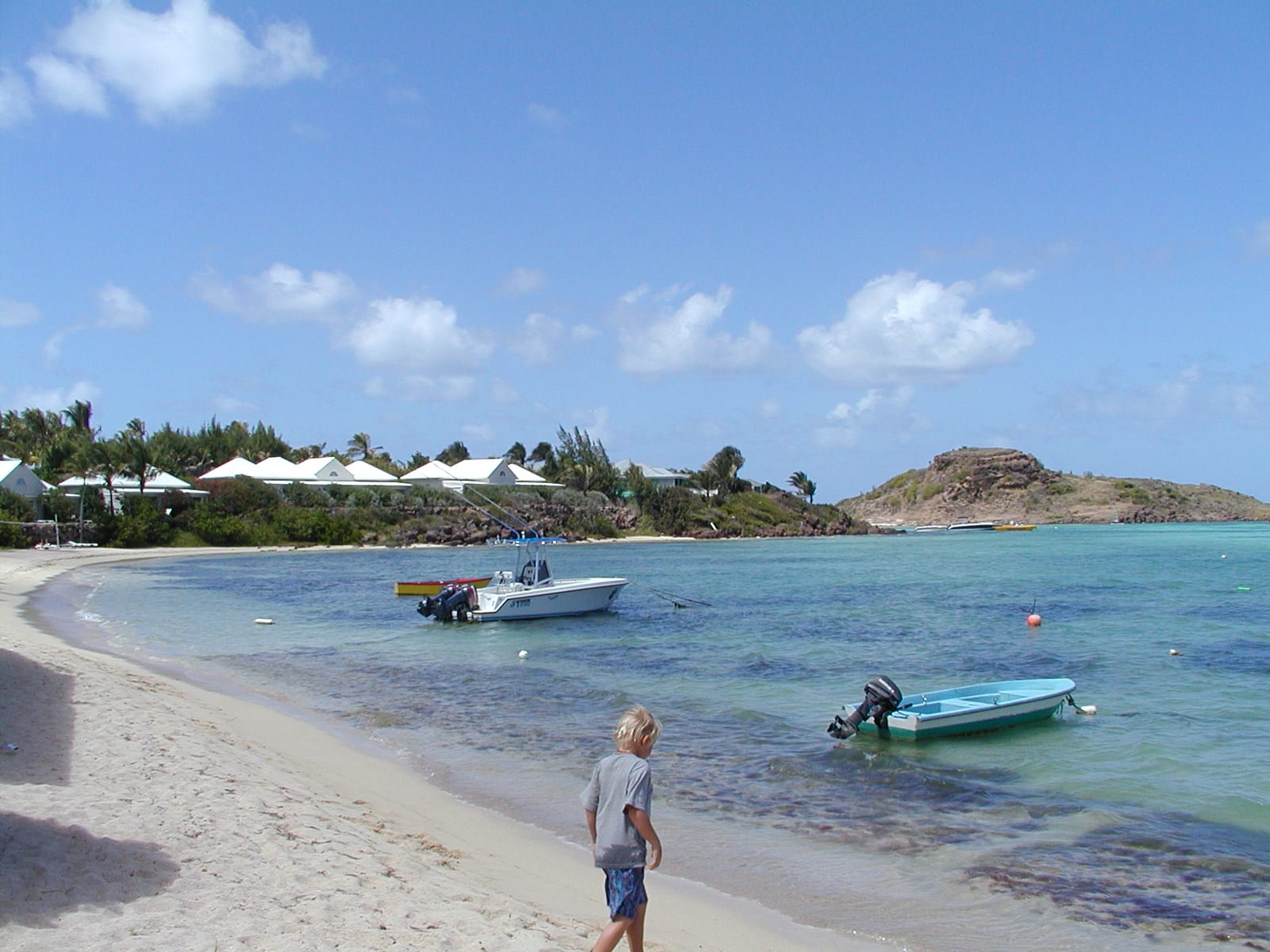 A curved beach along a bay lined with small buildings and palm trees