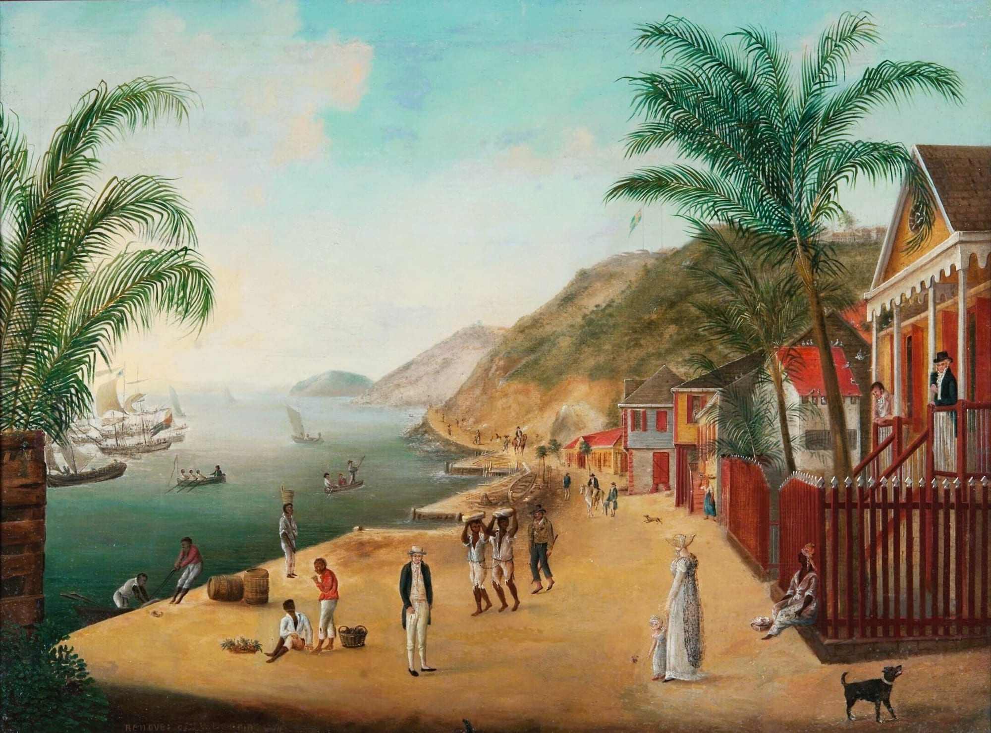 An early-19th-century painting of sailing ships in the harbour of Gustavia under the Swedish flag