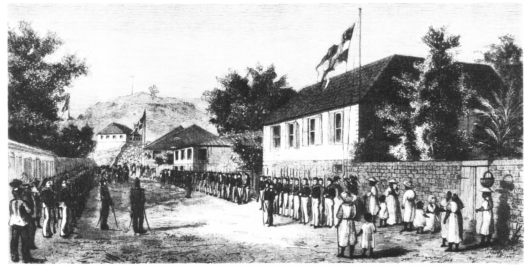 A 19th-century engraving of two lines of uniformed men drawn up in a street beside a shuttered two-storey building flying a flag, with townspeople watching from the roadside