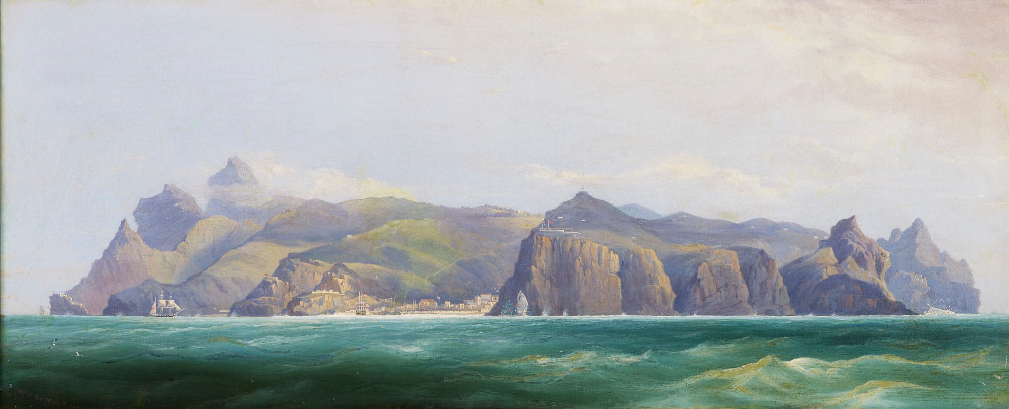 A painting of a rugged, cliff-bound island seen across a green swell, with sailing ships anchored off a small settlement at the foot of the cliffs