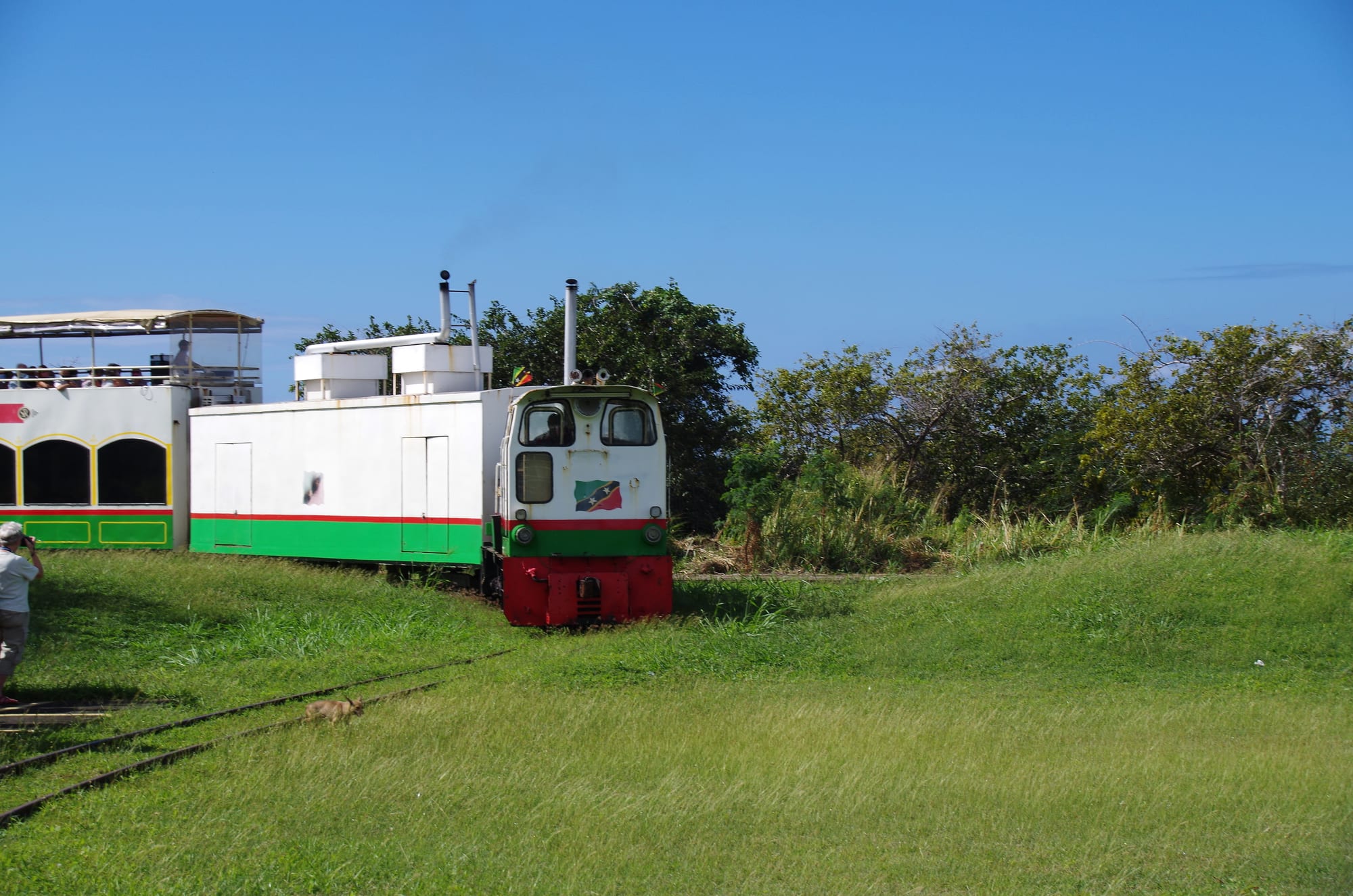 A narrow-gauge train travelling along a coastal railway line