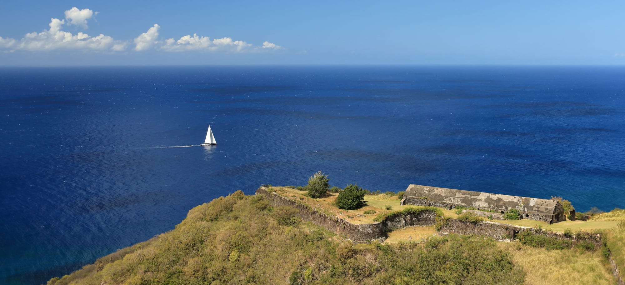 Stone fortress walls and cannon positions on a hilltop