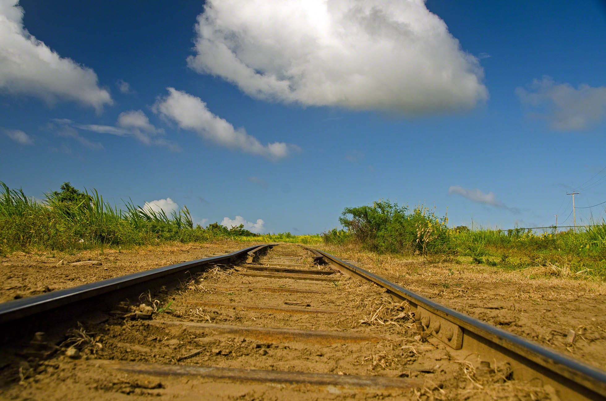 Old railway tracks running through green countryside