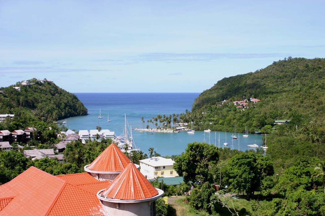 A sheltered bay lined with palm trees and yachts at anchor