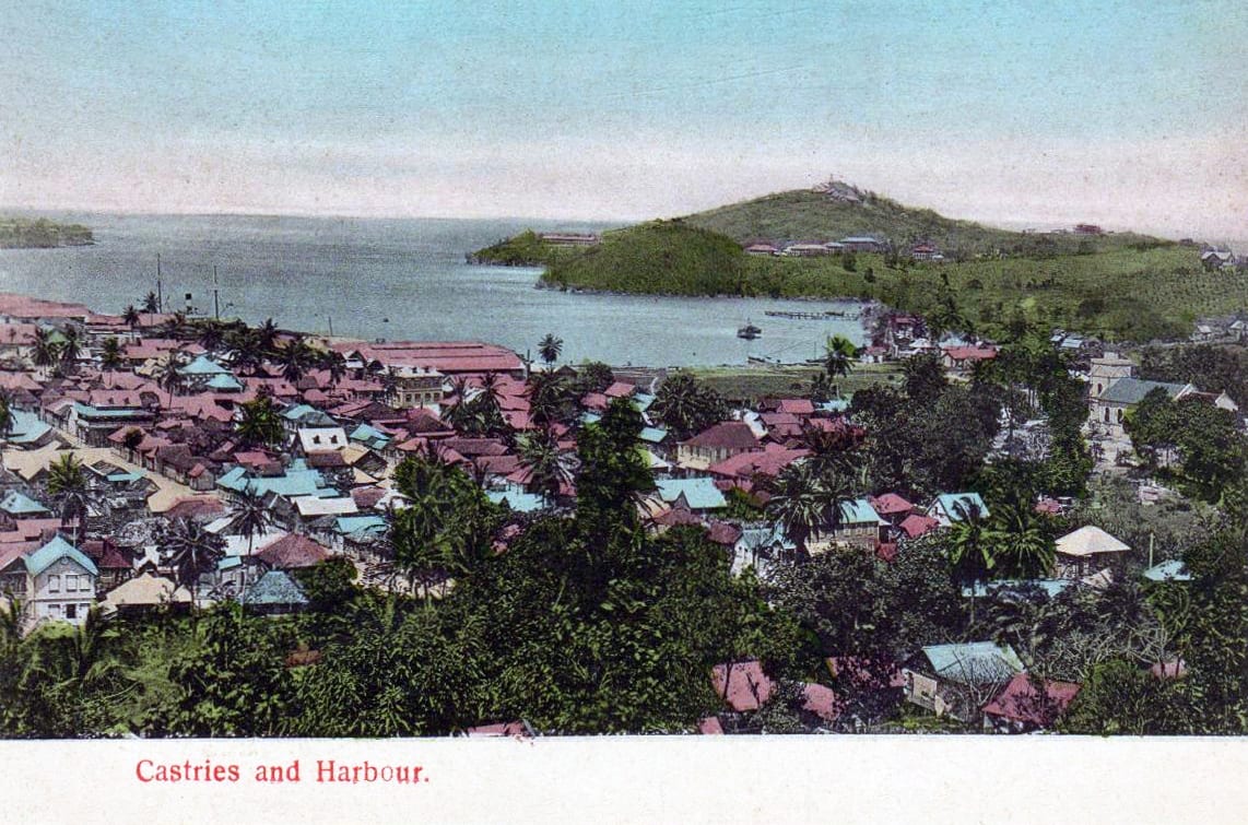 An old view of the town of Castries around its natural harbour, ringed by hills