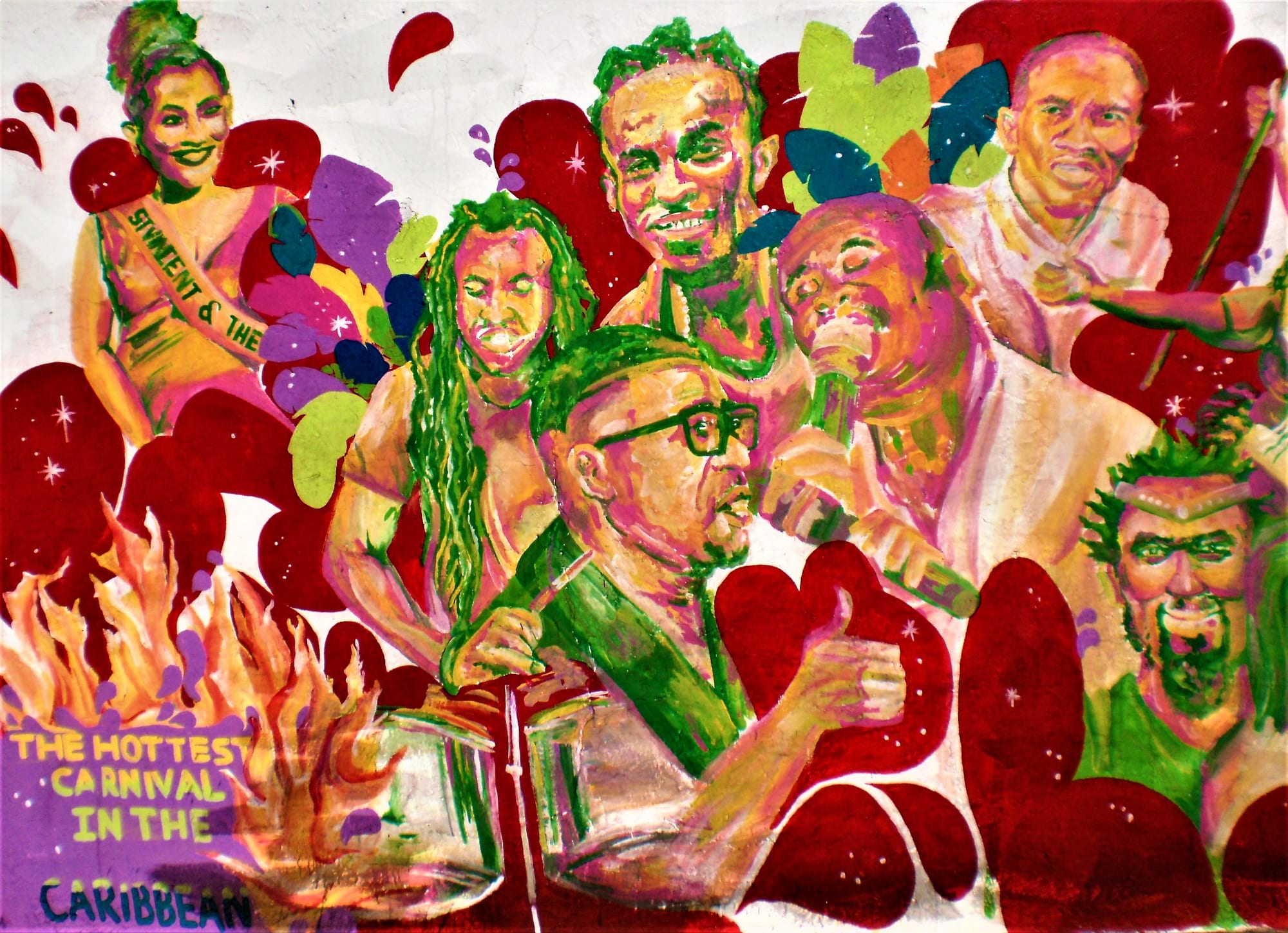 A brightly painted mural of a steel pan player, singers with microphones and a carnival queen wearing a sash, surrounded by red hearts, leaves and flames, with the words 'the hottest carnival in the Caribbean'