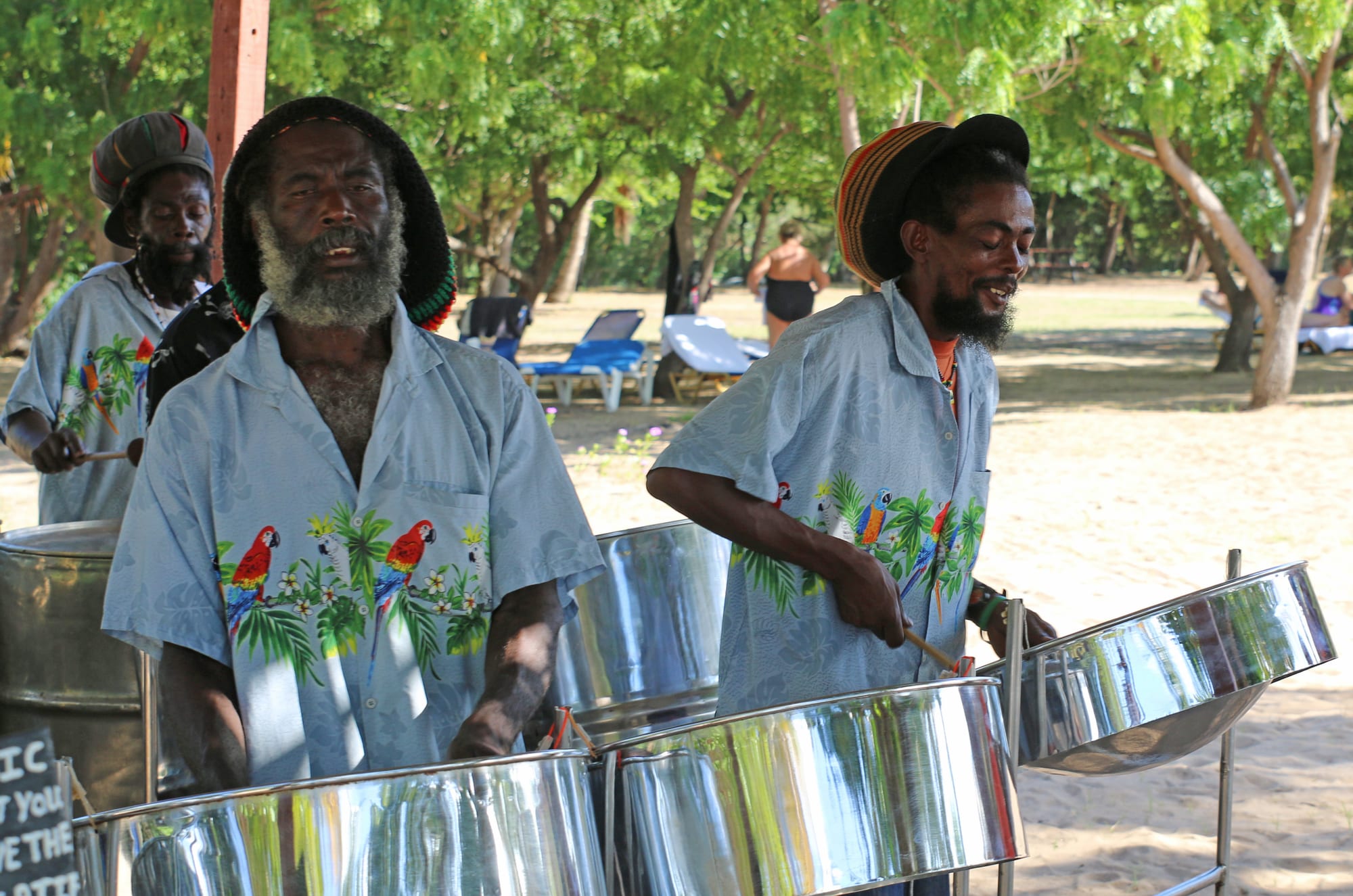 Three bearded men in matching pale blue shirts printed with parrots and palm leaves playing shiny chrome steel pans under shady trees on a sandy beach
