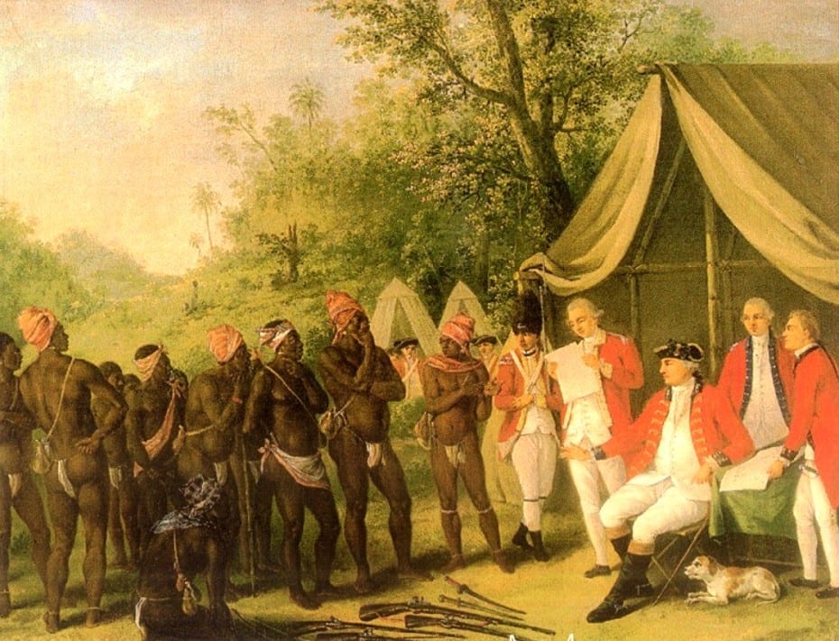 A painting of a line of Black Carib men facing red-coated British officers under a tent, with muskets laid on the ground between them