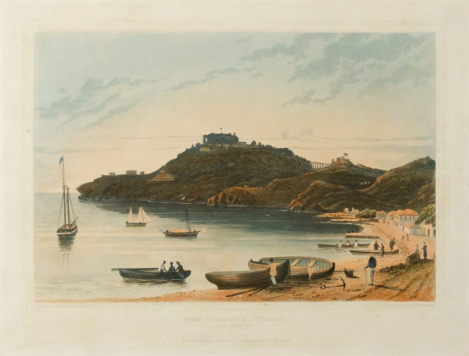 A hand-coloured 1830s print of a fort on a headland above a calm bay, with sailing vessels at anchor and rowing boats and figures on a sandy shore in the foreground