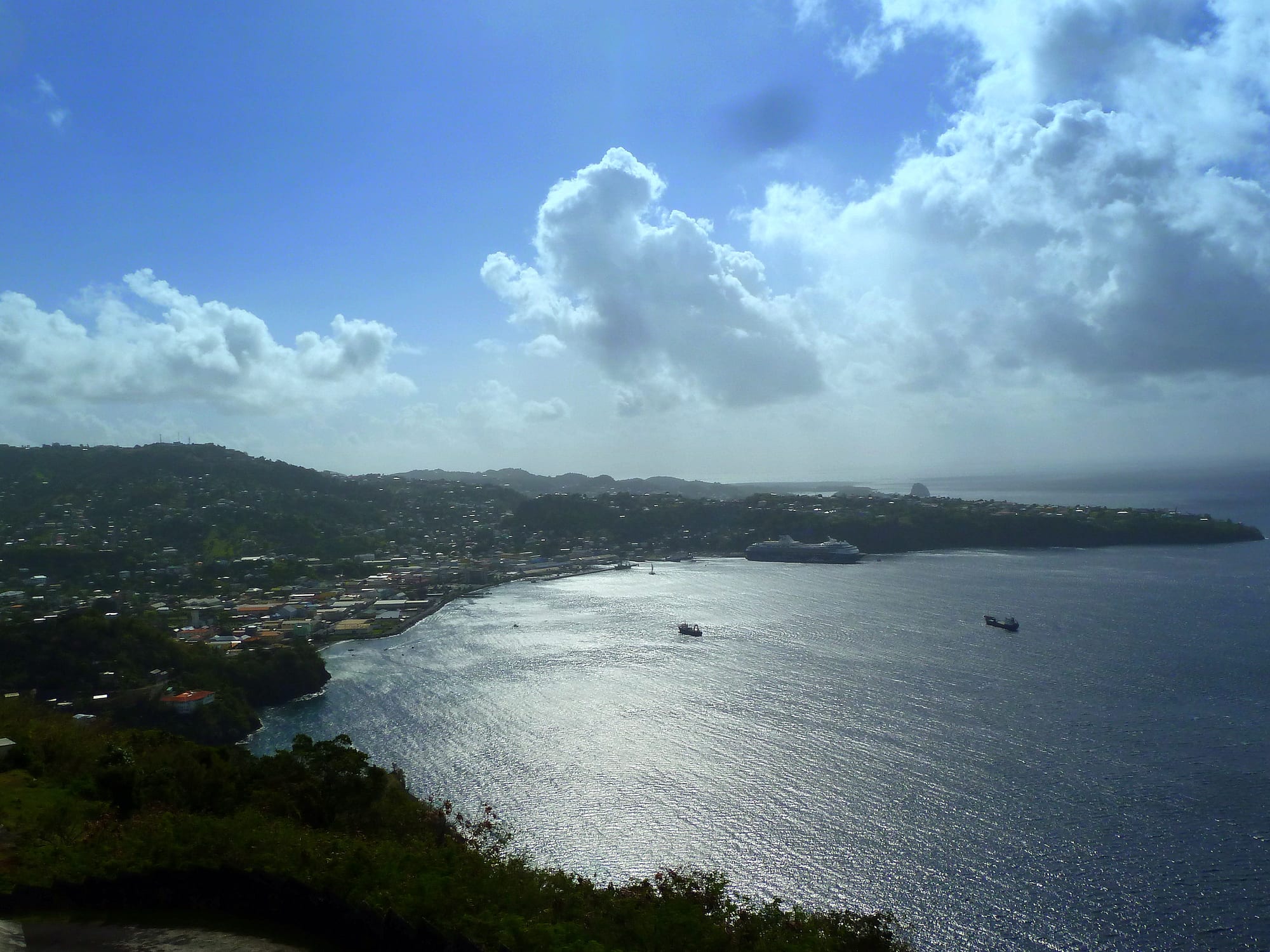 A high view over the town of Kingstown spread along a curving bay, with ships at anchor