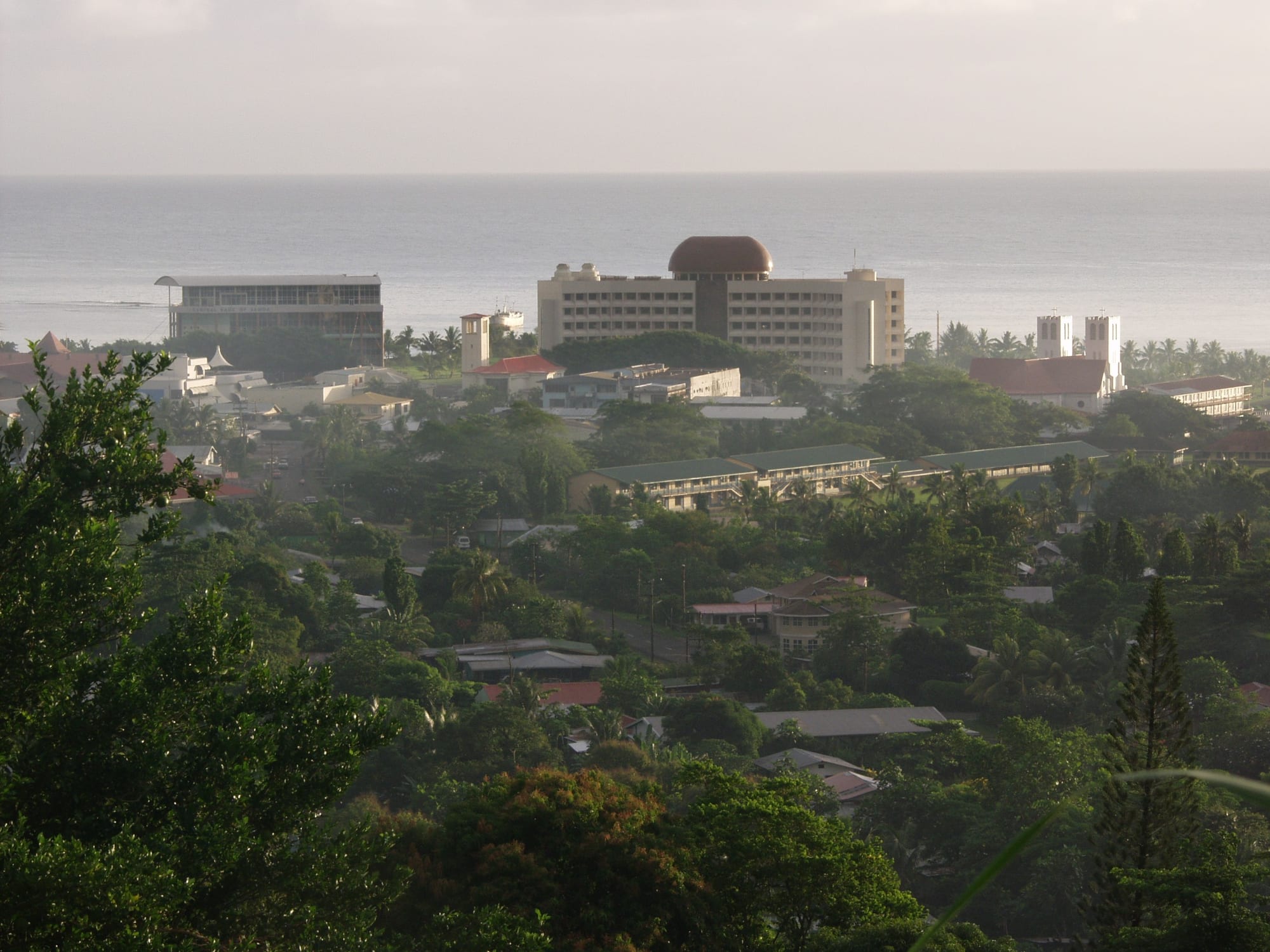 Government buildings along a waterfront street