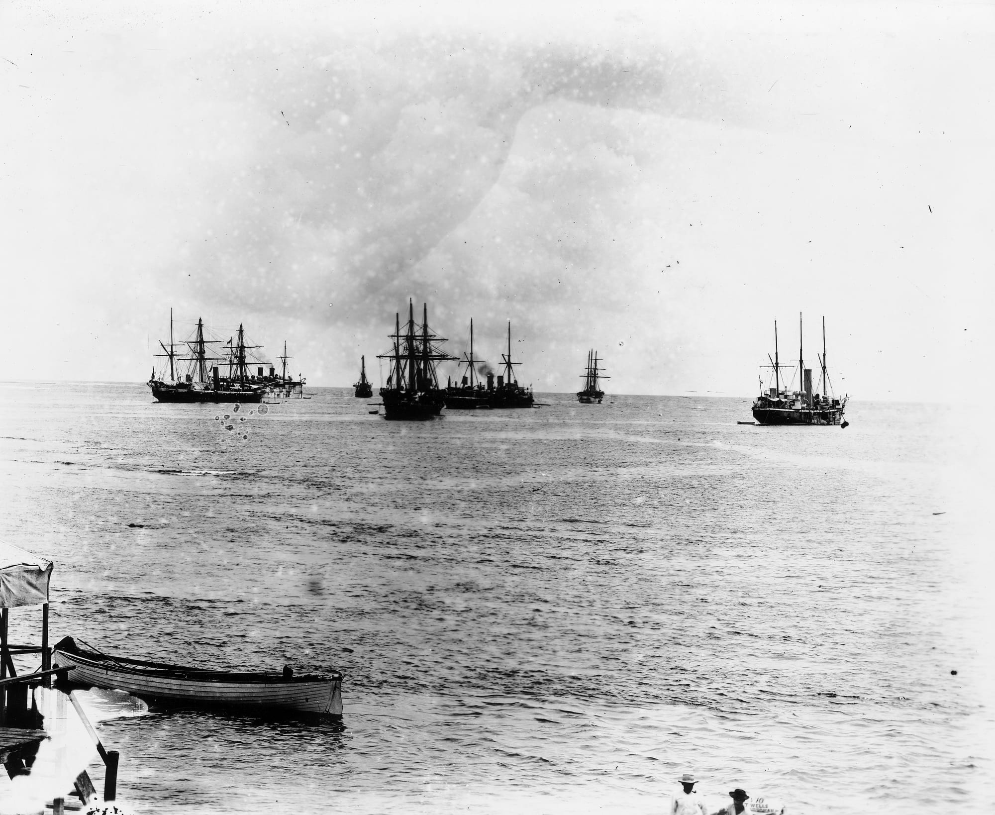 Several 19th-century warships at anchor in Apia harbour, Samoa, in 1899