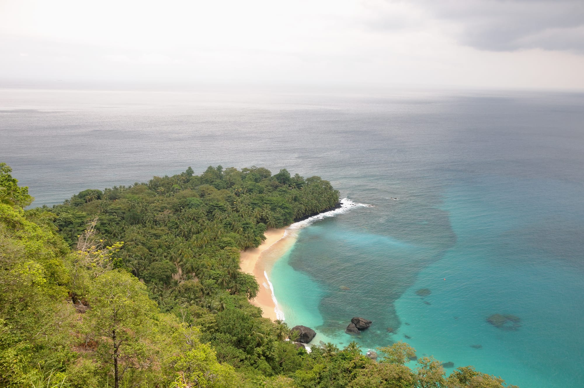 A crescent tropical beach lined with palm trees and forested hills