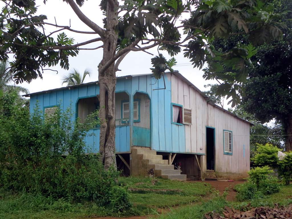 A simple wooden house painted blue and white, raised on stilts and surrounded by trees