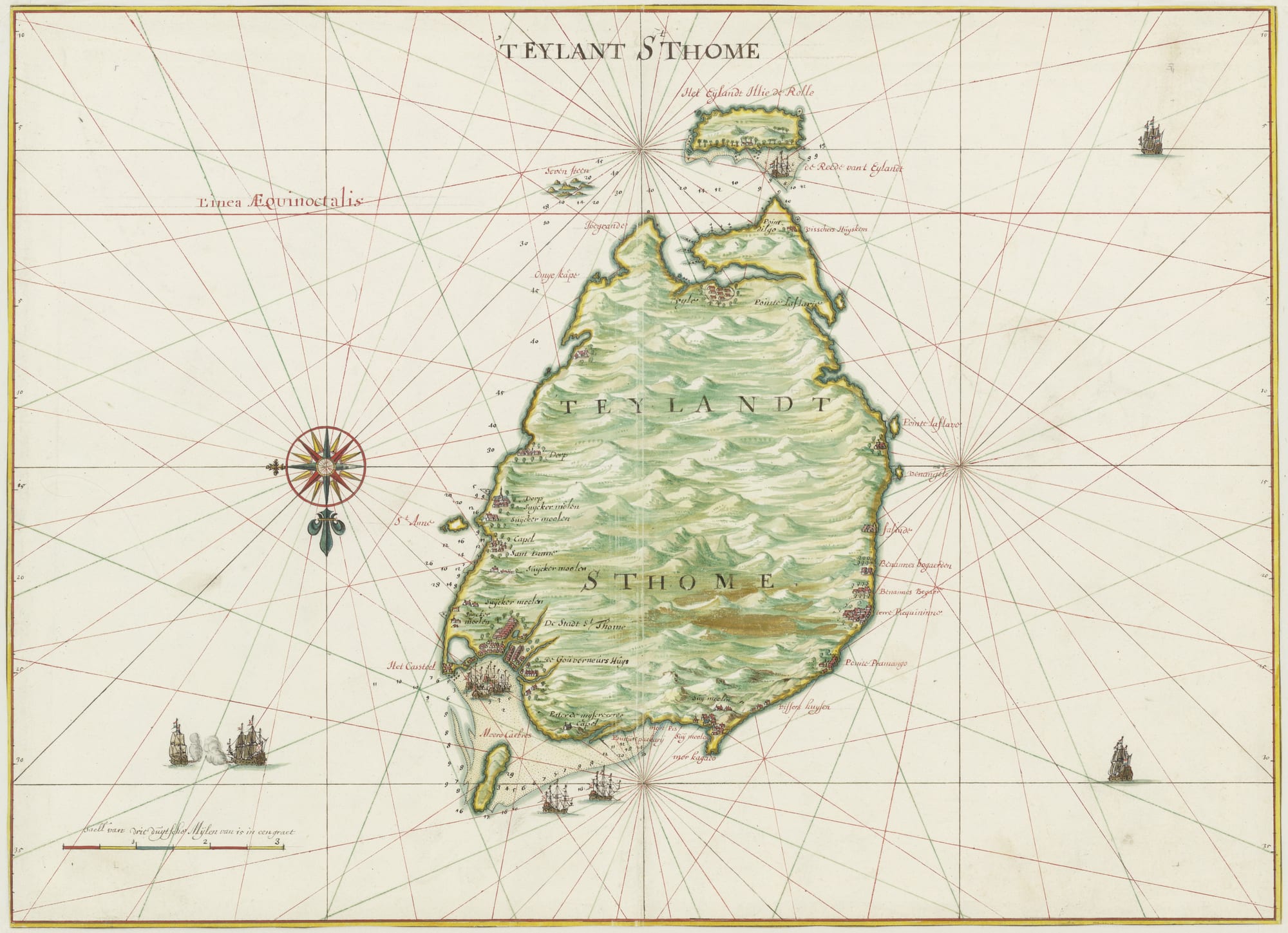 A hand-coloured 17th-century Dutch sea chart of the island of São Tomé, painted green with rows of hills, a compass rose and small sailing ships around its coast