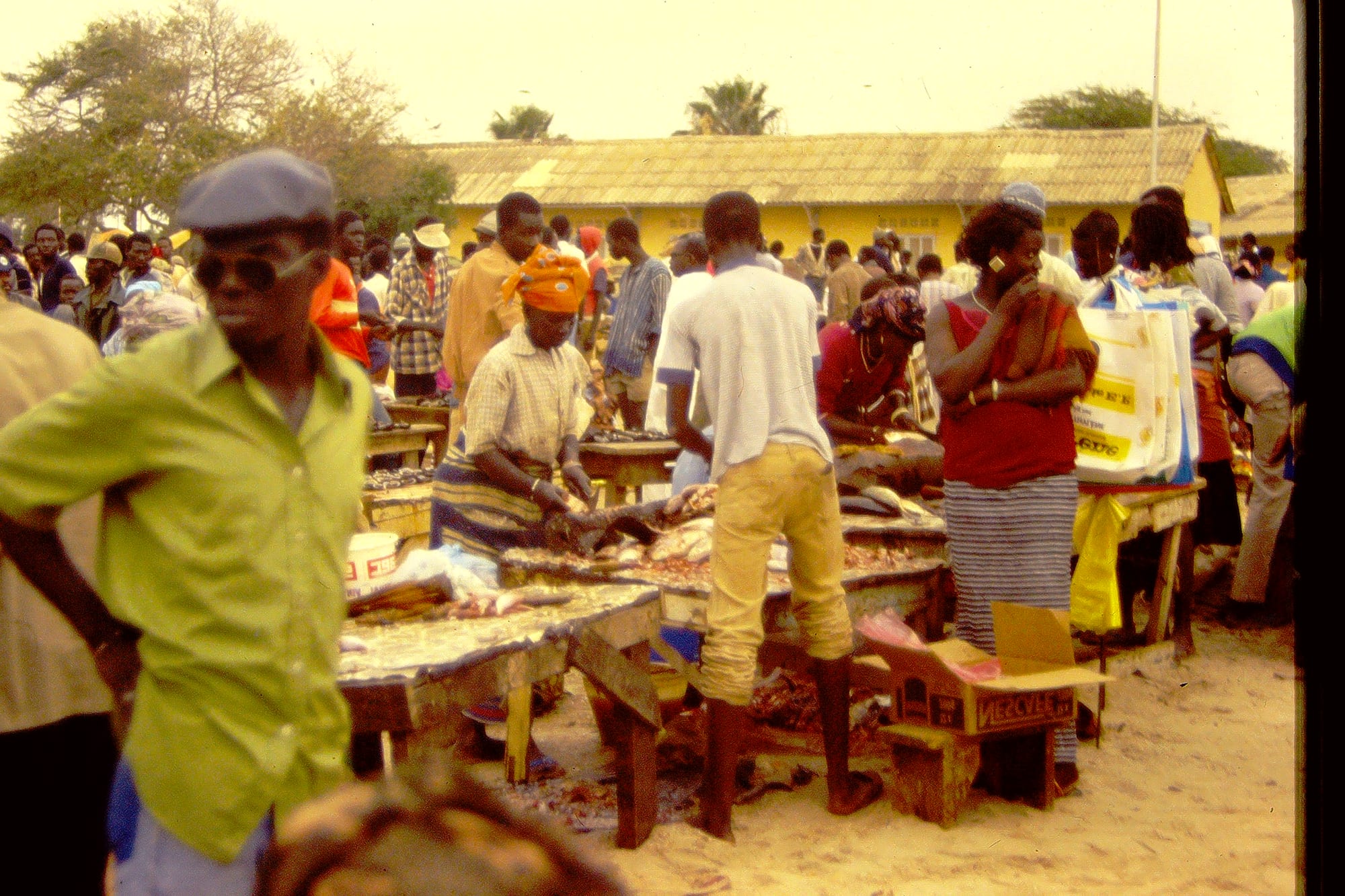 A busy fish market with vendors and boats