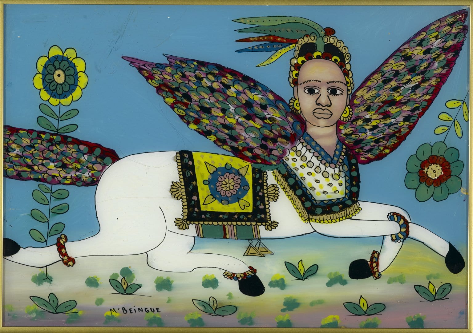 A painting on glass of a white winged horse with a woman's head, a patterned saddle cloth and feathered wings, against a pale blue sky with flowers