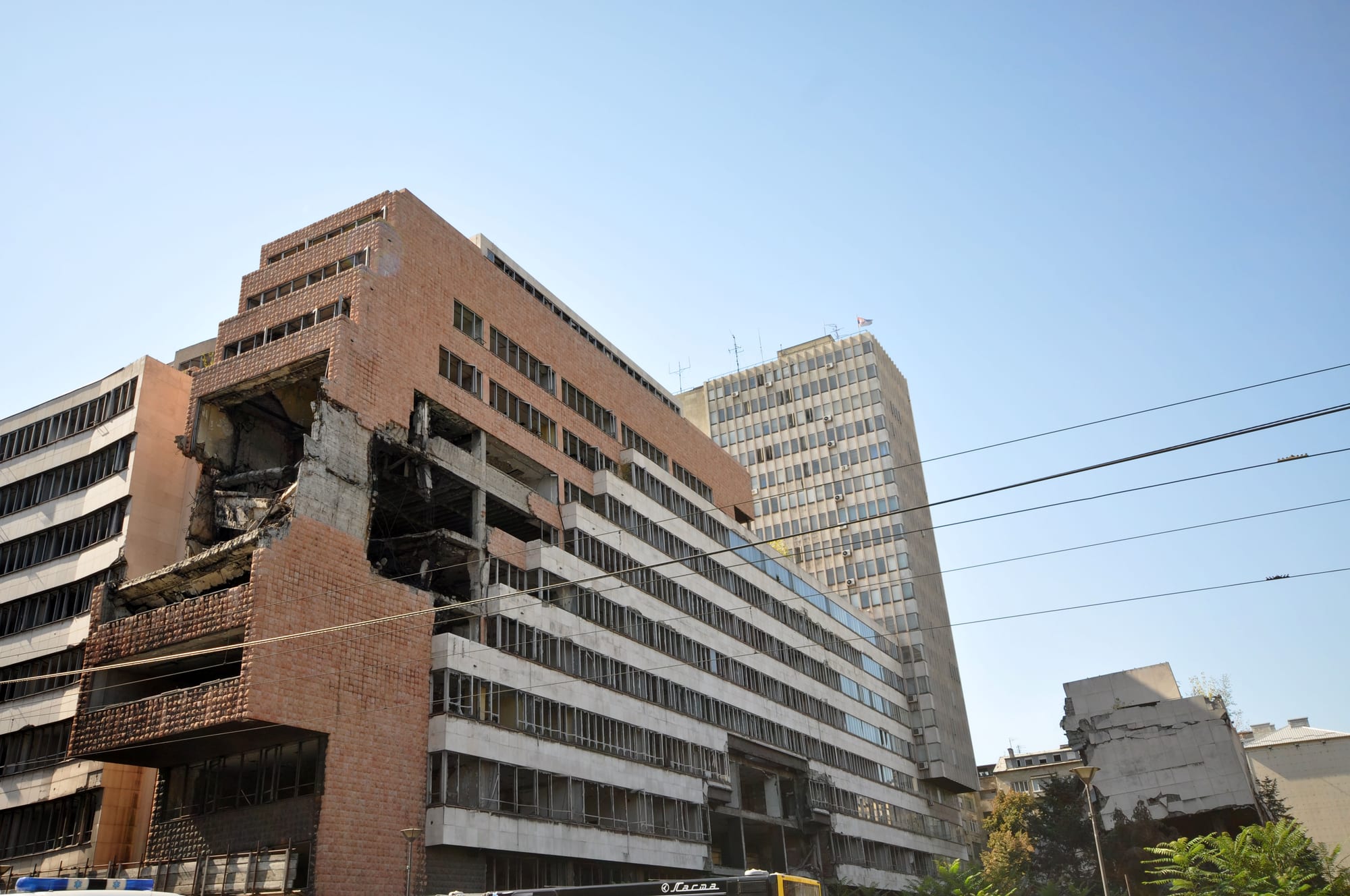 A bombed and gutted multi-storey government building in central Belgrade, left as it was after 1999