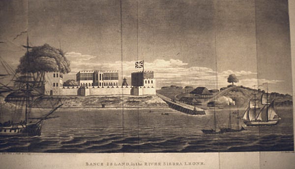 A historical watercolour depiction of a fortified trading post on a small island