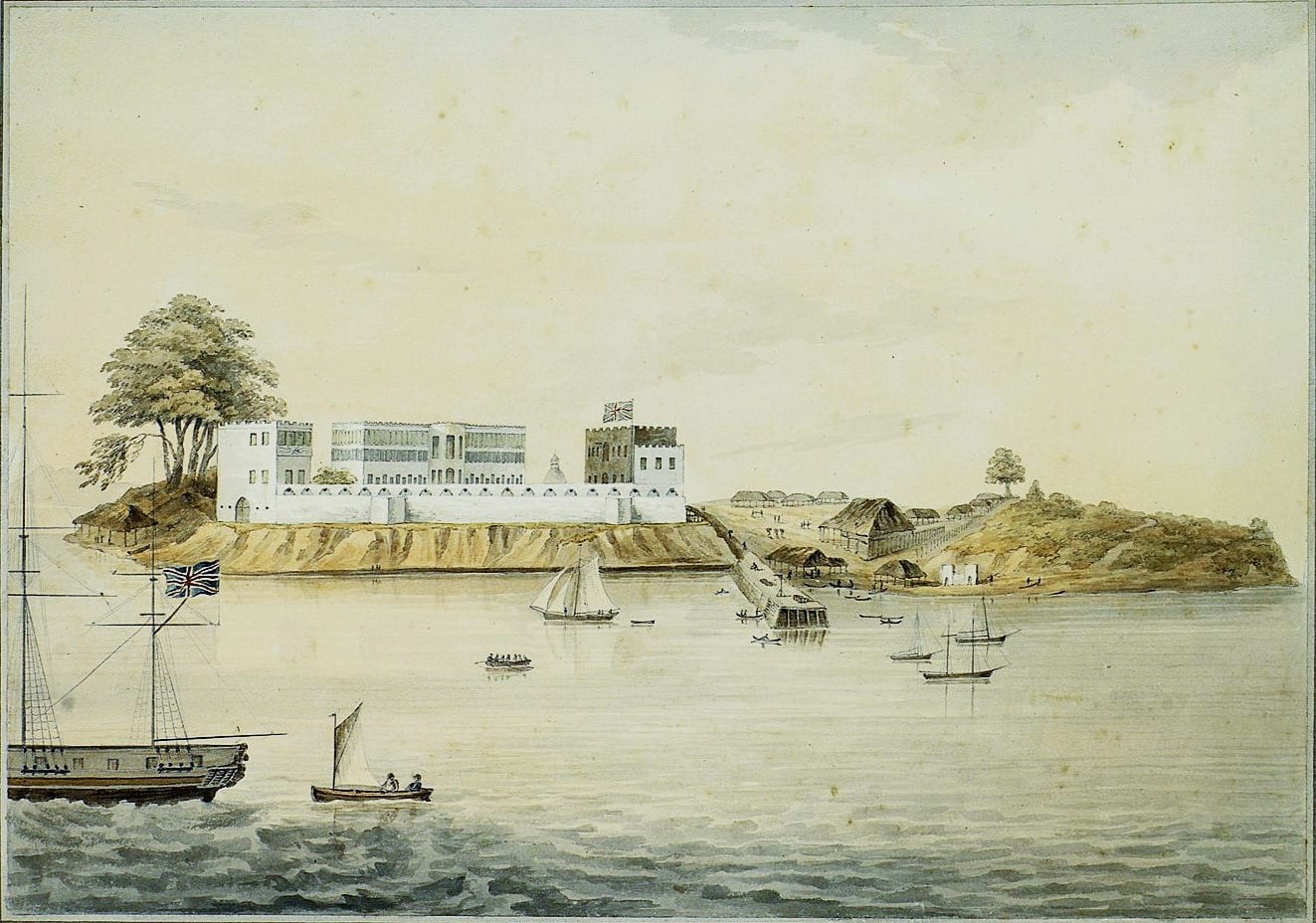 An early illustration of the ruined stone walls of the slave fort on Bunce Island in a river