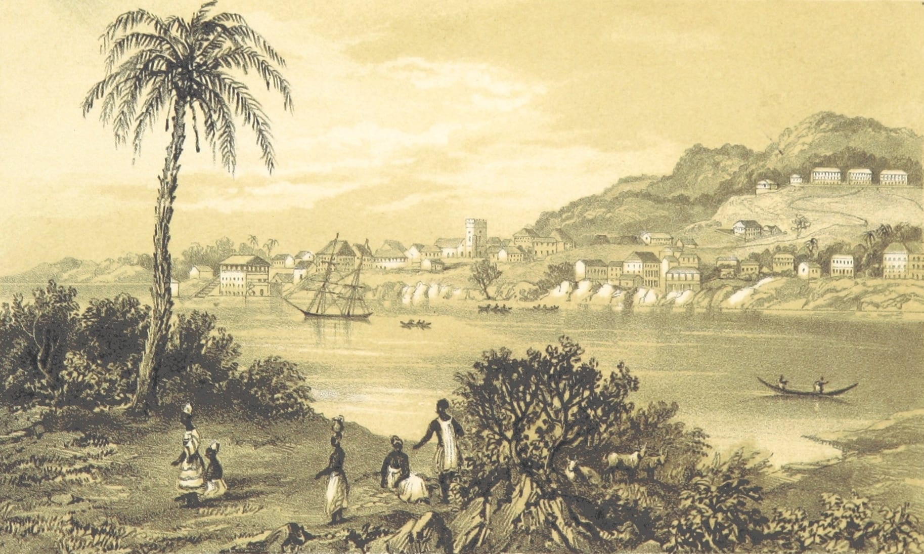 A sepia 19th-century print of Freetown seen across the water, with a sailing ship at anchor, houses climbing a hillside, a tall palm and a group of people on the near shore