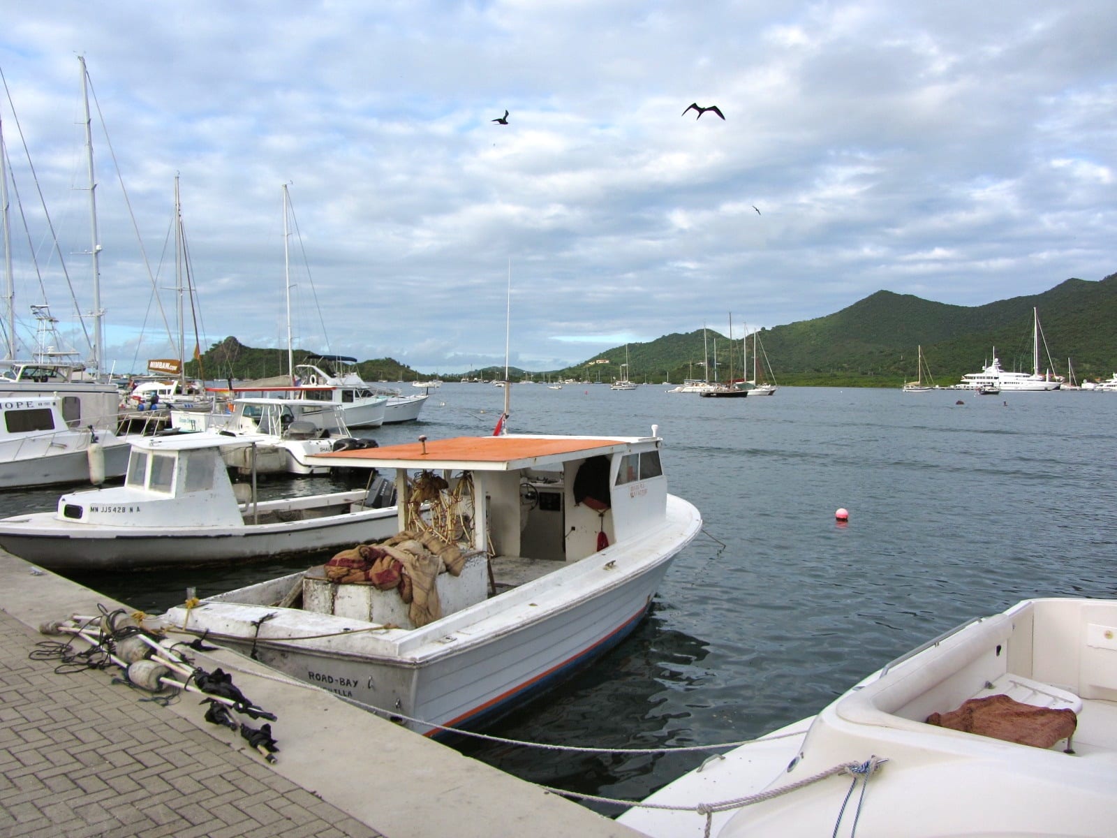 Fishing boats and yachts moored in Simpson Bay harbour, with green hills behind