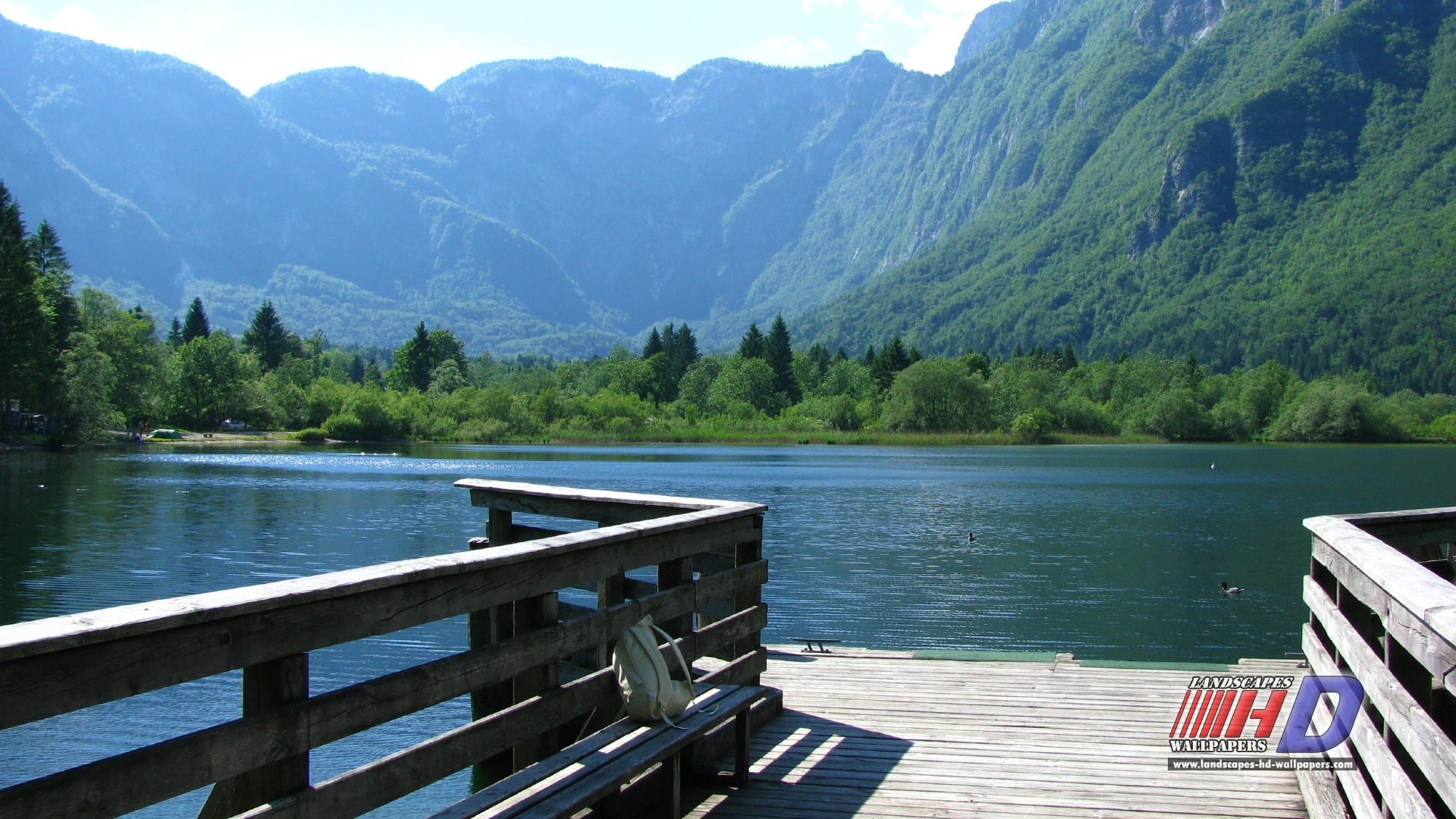 A still alpine lake ringed by steep forested mountains in the Julian Alps at Bohinj