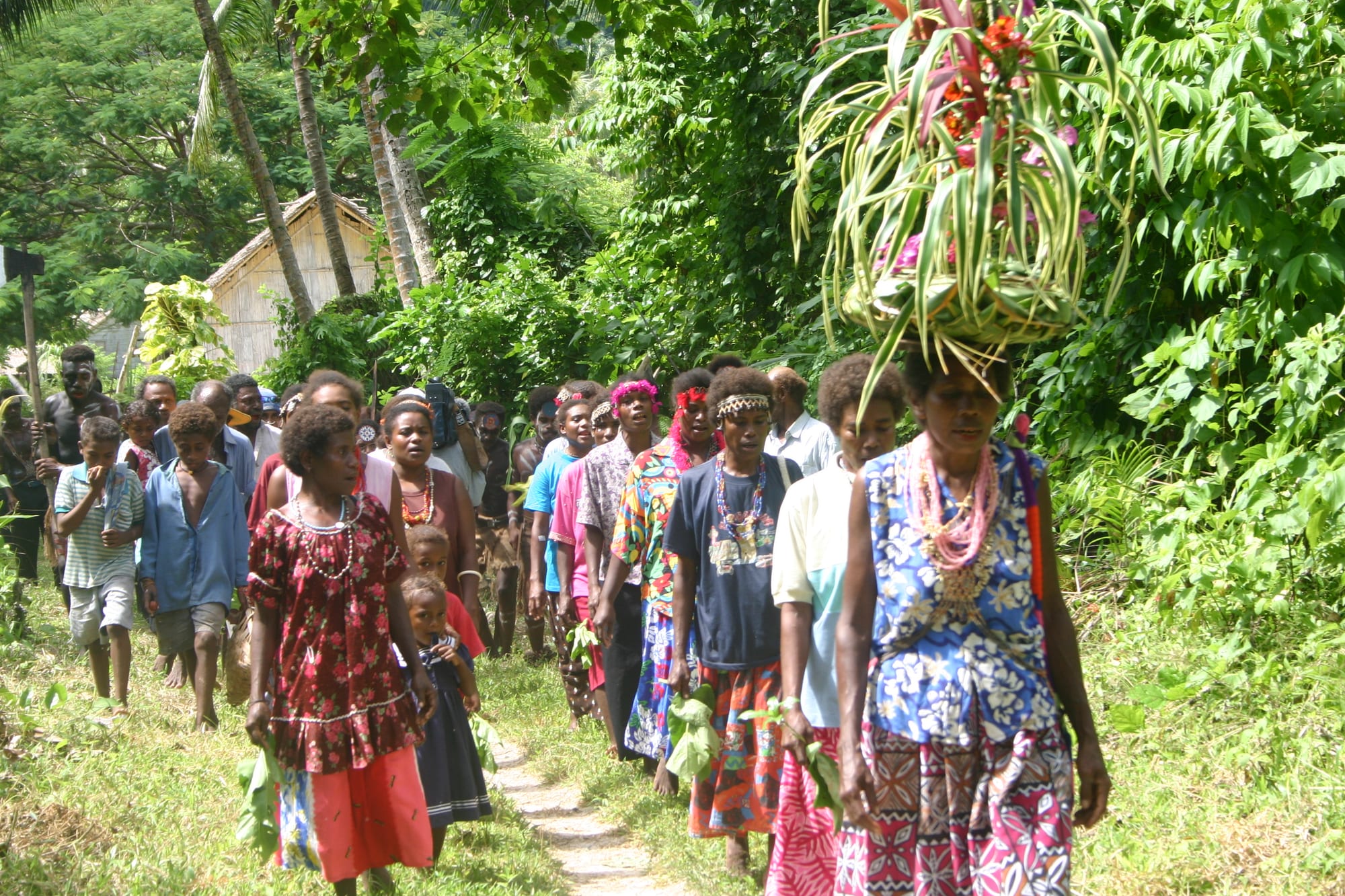 Villagers in traditional dress performing a ceremonial welcome for visitors