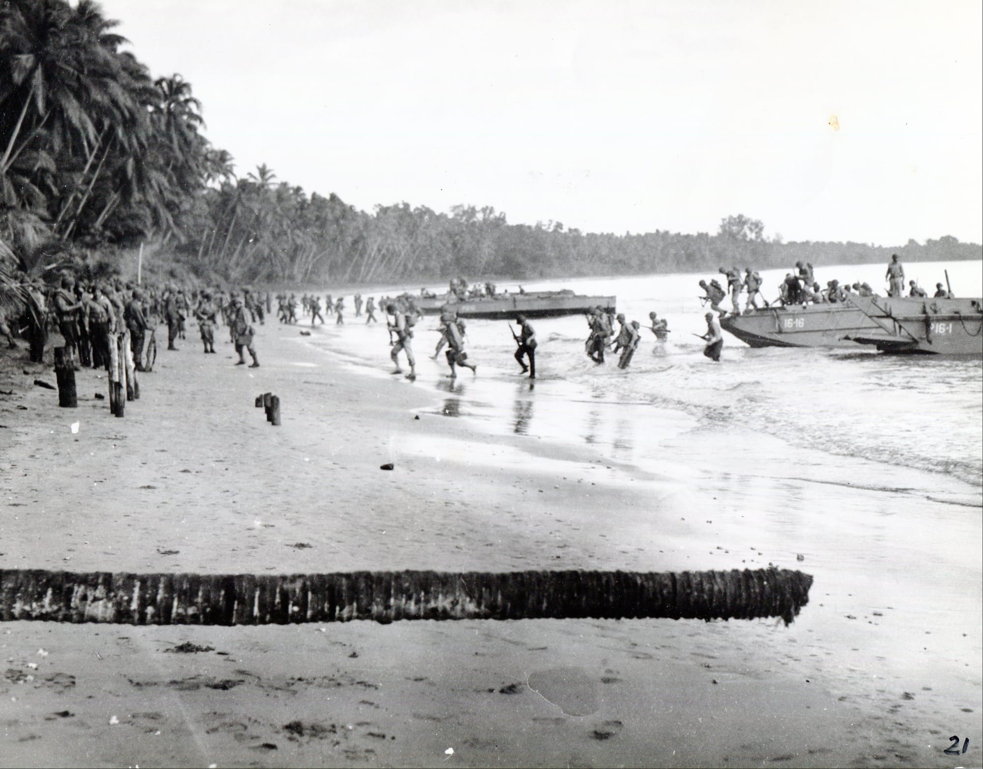 A single file of US Marines wading ashore from landing craft onto a palm-fringed beach on Guadalcanal