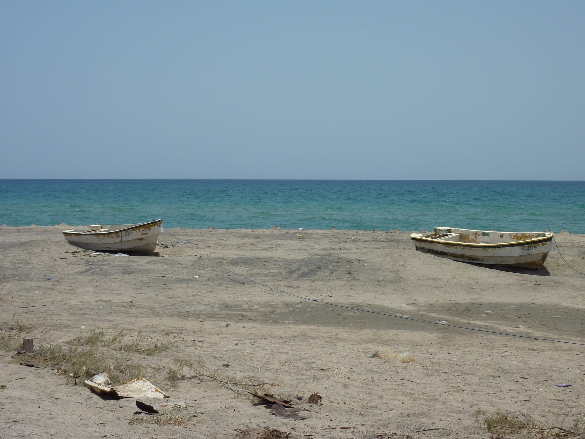 A coastal town with low buildings along the Gulf of Aden shoreline